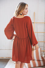 Load image into Gallery viewer, Rust V Neck Raglan Button Detail Bubble Crepe Dress