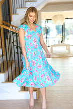 Load image into Gallery viewer, Aqua Floral Elastic Waist Fit & Flare Ruffle Midi Dress