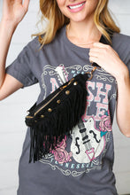 Load image into Gallery viewer, Black Faux Suede Fringe Convertible Fanny/Sling Bag