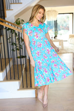 Load image into Gallery viewer, Aqua Floral Elastic Waist Fit & Flare Ruffle Midi Dress
