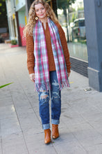 Load image into Gallery viewer, Keep Me Cozy Blue & Light Burgundy Plaid Fringe Scarf