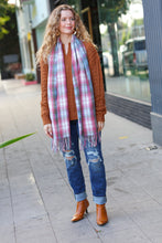 Load image into Gallery viewer, Keep Me Cozy Blue & Light Burgundy Plaid Fringe Scarf