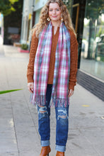 Load image into Gallery viewer, Keep Me Cozy Blue & Light Burgundy Plaid Fringe Scarf
