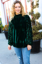 Load image into Gallery viewer, Under the Lights Hunter Green Velvet & Sequins Mock Neck Top