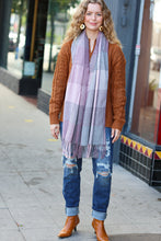 Load image into Gallery viewer, Keep Me Cozy Wine & Blush Check Fringe Scarf