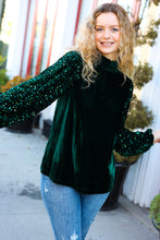Load image into Gallery viewer, Under the Lights Hunter Green Velvet & Sequins Mock Neck Top