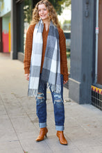 Load image into Gallery viewer, Keep Me Cozy Charcoal Grey Check Fringe Scarf