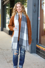 Load image into Gallery viewer, Keep Me Cozy Charcoal Grey Check Fringe Scarf
