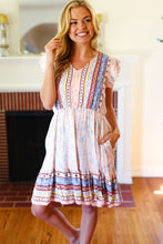 Load image into Gallery viewer, Peach Boho Floral Button Detail V Neck Ruffle Dress