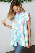 Load image into Gallery viewer, Baby Blue Floral Yoke Flutter Sleeve Keyhole Back Top