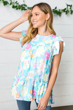 Load image into Gallery viewer, Baby Blue Floral Yoke Flutter Sleeve Keyhole Back Top