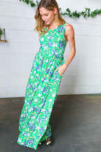 Load image into Gallery viewer, Green & Blue Floral Print Fit and Flare Maxi Dress