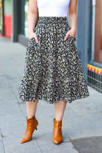 Load image into Gallery viewer, It's Your Day Black Ditzy Floral Smocked Waist Midi Skirt