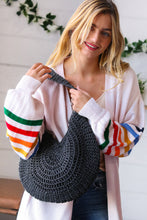 Load image into Gallery viewer, Black Braided Straw Circle Lined Tote Bag