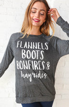Load image into Gallery viewer, "Flannel, Boots, Bonfires"" Graphic Tee