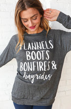 Load image into Gallery viewer, "Flannel, Boots, Bonfires"" Graphic Tee