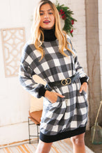 Load image into Gallery viewer, Black Buffalo Plaid Belted Sweater Dress