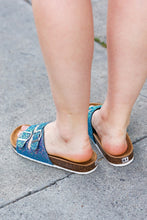 Load image into Gallery viewer, Teal Glitter Cork Bed Buckle Slip-On Sandals