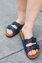 Load image into Gallery viewer, Black Glitter Cork Bed Buckle Slip-On Sandals
