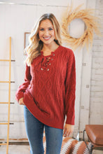 Load image into Gallery viewer, Rust Cable Knit Lace Up V Neck Sweater Top
