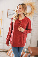 Load image into Gallery viewer, Rust Cable Knit Lace Up V Neck Sweater Top