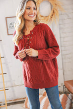Load image into Gallery viewer, Rust Cable Knit Lace Up V Neck Sweater Top