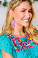 Load image into Gallery viewer, Lilac & Gold Leather Fringe Feather Earrings