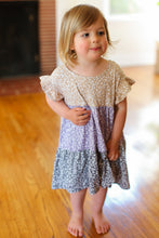 Load image into Gallery viewer, Kids Twirl Me Taupe & Lilac Tiered Babydoll Dress