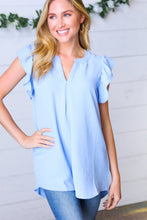 Load image into Gallery viewer, Soft Blue Airflow Ruffle Sleeve Hi-Low V Neck Top