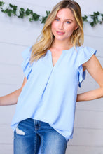 Load image into Gallery viewer, Soft Blue Airflow Ruffle Sleeve Hi-Low V Neck Top