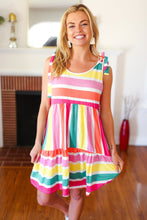 Load image into Gallery viewer, Multicolor Stripe Shoulder Tie Knot Ruffle Hem Dress