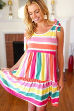 Load image into Gallery viewer, Multicolor Stripe Shoulder Tie Knot Ruffle Hem Dress