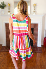 Load image into Gallery viewer, Multicolor Stripe Shoulder Tie Knot Ruffle Hem Dress