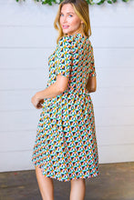 Load image into Gallery viewer, Aqua & Pink Fit & Flare Geometric Midi Dress