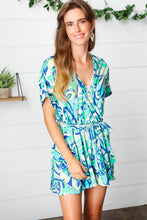 Load image into Gallery viewer, Green & Blue Geometric Print Surplice Romper