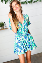 Load image into Gallery viewer, Green & Blue Geometric Print Surplice Romper