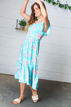 Load image into Gallery viewer, Aqua Floral Elastic Waist Fit and Flare Ruffle Midi Dress