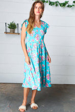 Load image into Gallery viewer, Aqua Floral Elastic Waist Fit and Flare Ruffle Midi Dress