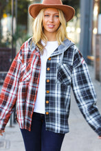Load image into Gallery viewer, All Put Together Rust/Charcoal Plaid Colorblock Hoodie Shacket