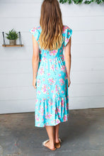 Load image into Gallery viewer, Aqua Floral Elastic Waist Fit and Flare Ruffle Midi Dress