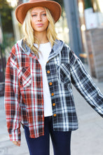 Load image into Gallery viewer, All Put Together Rust/Charcoal Plaid Colorblock Hoodie Shacket