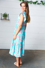 Load image into Gallery viewer, Aqua Floral Elastic Waist Fit and Flare Ruffle Midi Dress