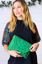 Load image into Gallery viewer, Emerald Woven Raffia Flap Closure Clutch Bag