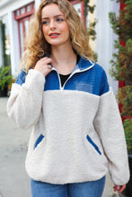 Load image into Gallery viewer, Good Vibes Denim & Ivory Patchwork Sherpa Half Zip Pullover