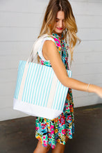 Load image into Gallery viewer, Seafoam Stripe Structured Large Canvas Tote
