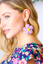 Load image into Gallery viewer, Lilac Handwoven Straw Flower Dangle Earrings