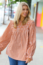 Load image into Gallery viewer, Adorable in Gingham Rust Shirred Mock Neck Top