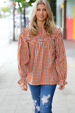Load image into Gallery viewer, Adorable in Gingham Rust Shirred Mock Neck Top