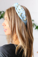 Load image into Gallery viewer, Dusty Blue Pearl & Jewels Top Knot Knit Headband