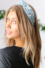 Load image into Gallery viewer, Dusty Blue Pearl & Jewels Top Knot Knit Headband
